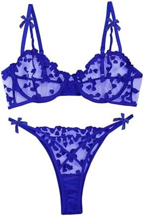 Lilosy Sexy Underwire Cute Push Up Strappy Embroidered Mesh Sheer Lingerie Set See Through Panty Bra, Size M