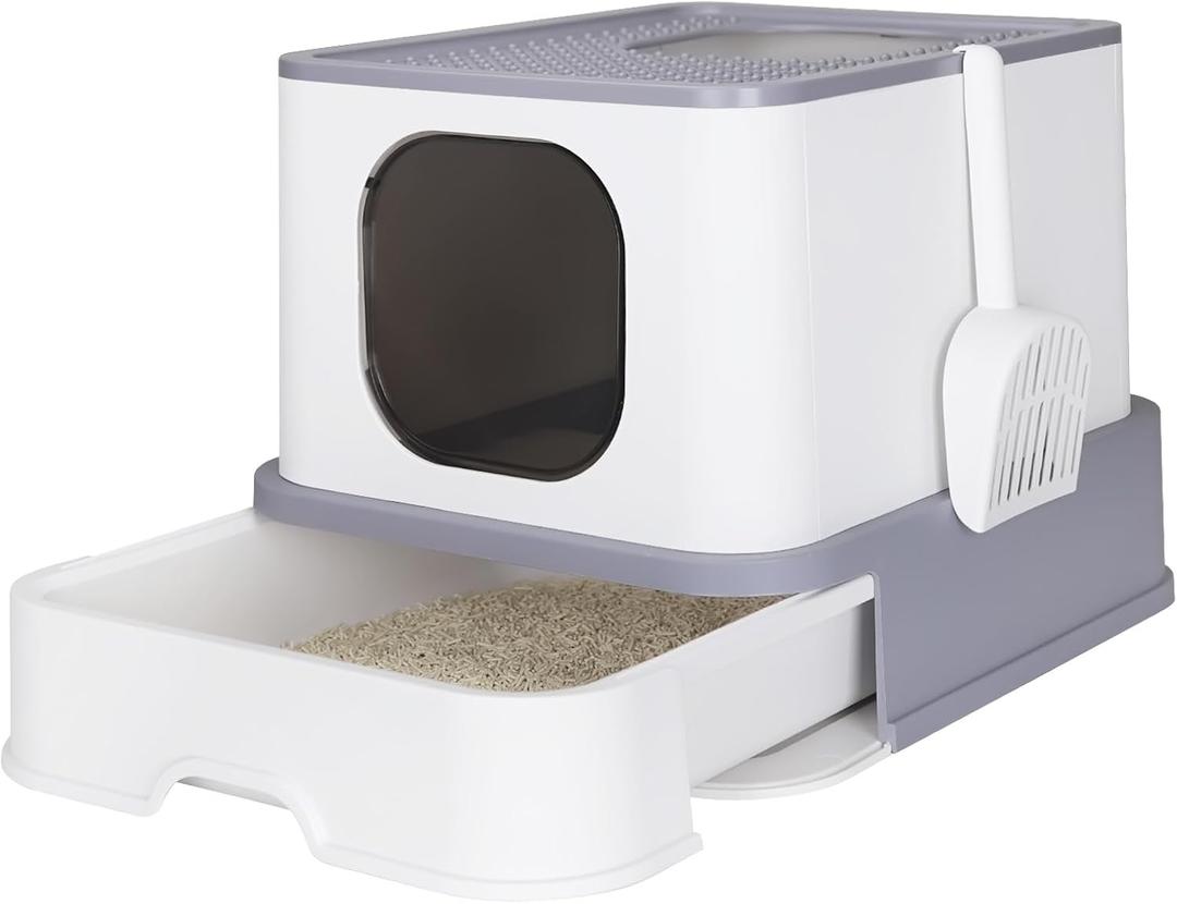 RIZZARI Enclosed Cat Litter Box: Light Gray Plastic Non-Stick Cat Toilet - Easy Clean Litter Pan 20.9" x 16.9" x 15.1" for Cats Under 20 lbs - Multi-Cat Homes - Living Rooms & Laundry Rooms