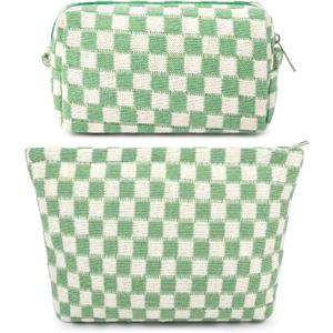 SOIDRAM 2 Pcs Checkered Makeup Bag Large Cosmetic Bag Toiletry Bag Makeup Pouch Travel Bag Organizer Cute Makeup Brushes Aesthetic Accessories Storage Bag for Women Green