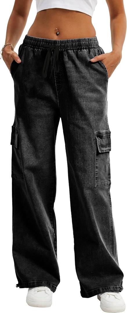 HVEPUO Womens High Waisted Cargo Pants Y2K Baggy Wide Leg Casual Stretchy Jeans for Women Streetwear Pull On Trousers Pants (Medium, Black)