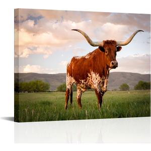Visual Art Decor Texas Decor Longhorn Cow Pictures Wall Decor Country Farmhouse Landscape Picture Living Room Bedroom Office Kitchen Wall Decor Framed Canvas Artwork 24inx32in