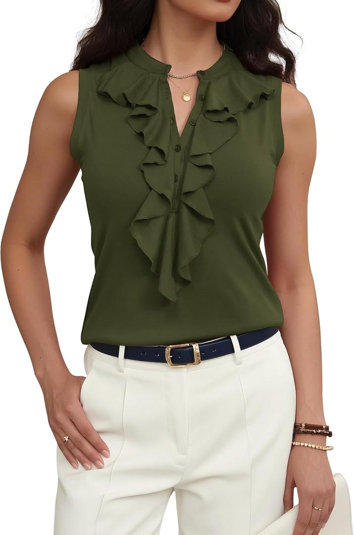 Women Sleeveless Work Blouses Dressy Casual Ruffle Tank Tops Summer Business Casual Office Outfit (Small, Army Green)