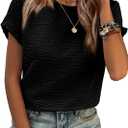 SHEWIN Womens Summer Tops Crewneck Short Sleeve T Shirts Casual Textured Work Shirt Loose Blouses (Black, M)