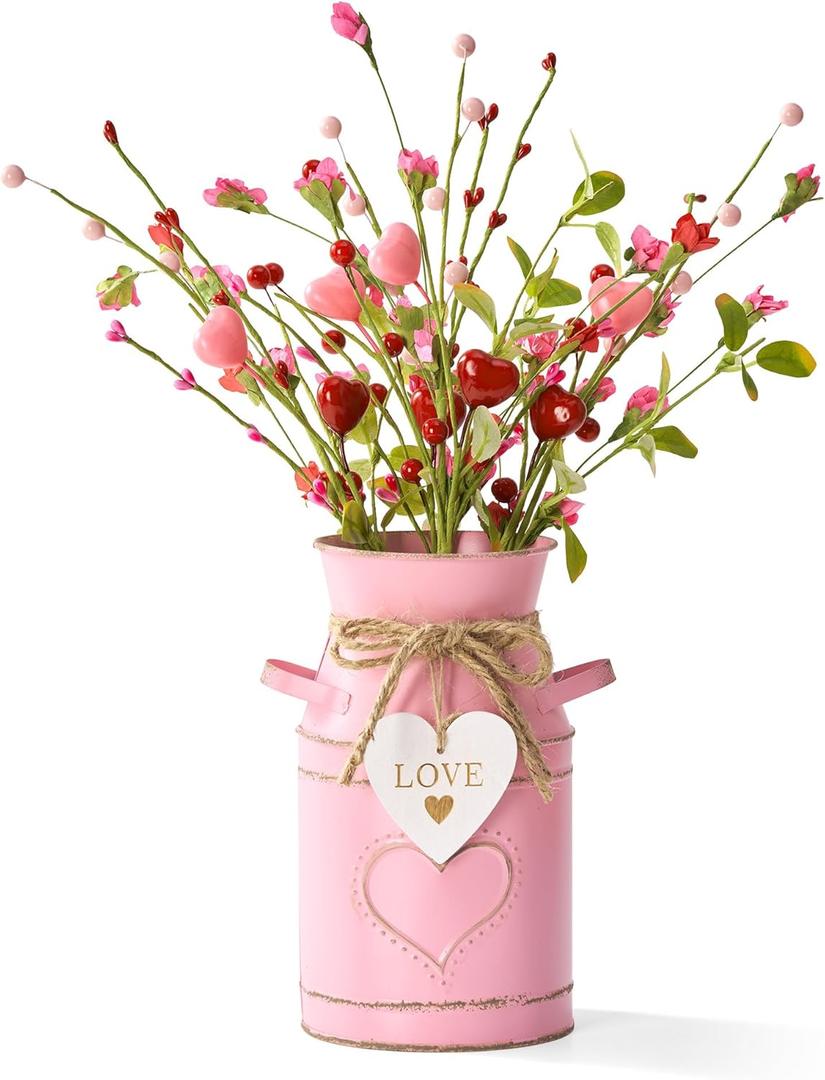 Valentines Day Centerpieces for Tables, Valentines Table Decor with 1 Vintage Pink Metal Vase, 4 Pcs Heart Artificial Flowers, Valentine's Day Table Decorations Indoor for Home, Kitchen