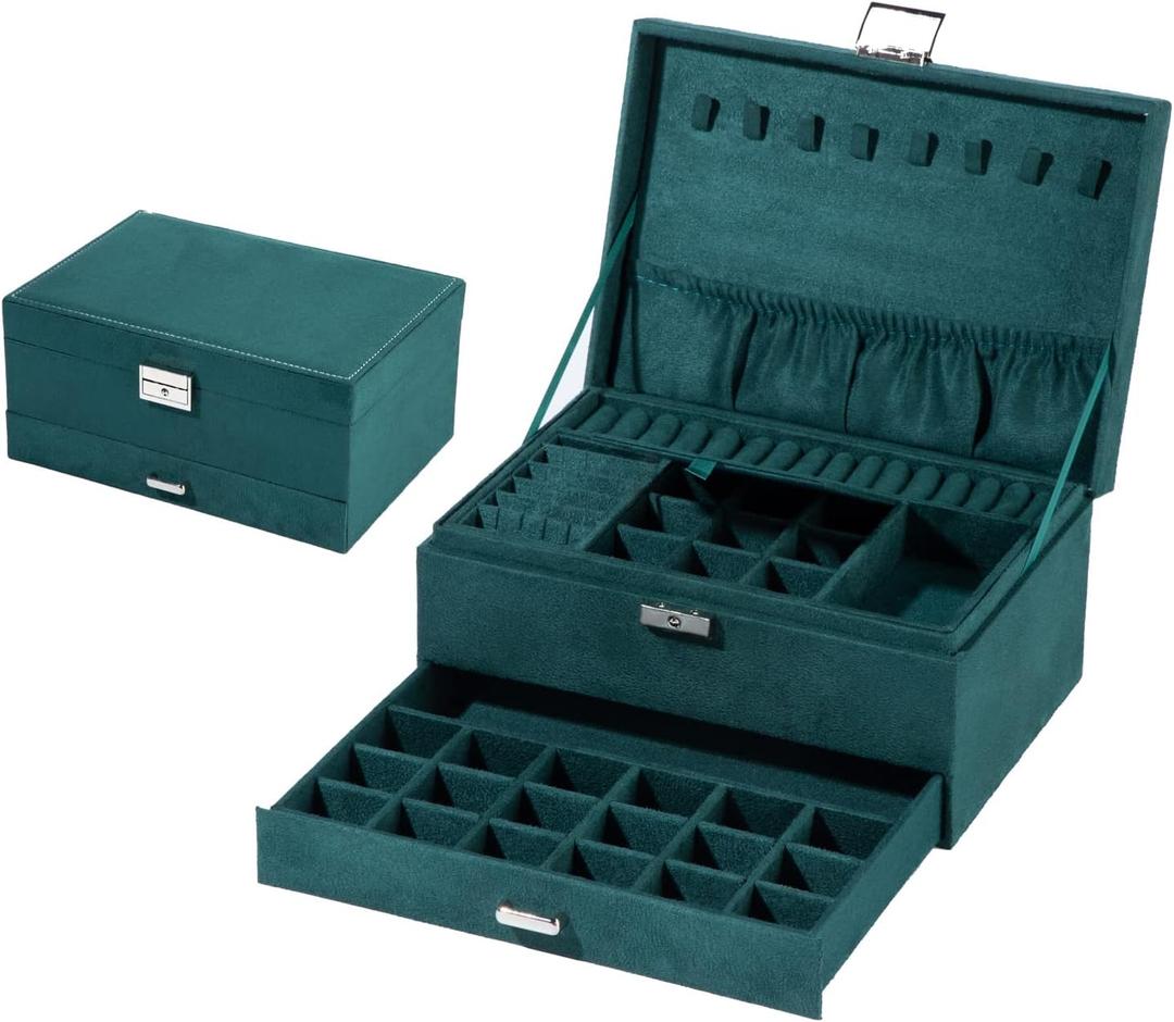 UBasic Jewelry Organizer Container with Lock Storage Case Jewlwey Display Holder for Necklaces Earrings Bracelets Rings Watches(Dark geen)