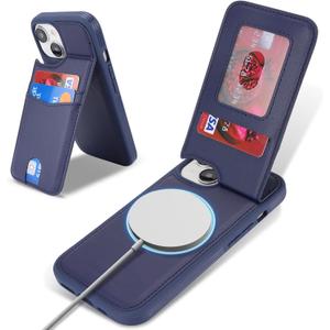 case for iPhone 15 Plus magsafe Wallet Compatible with Card Holder Back Credit Slots PU Leather Stand Shockproof Phone Cover for Women and Men-Blue