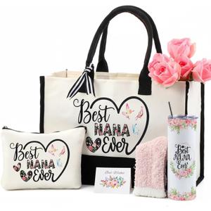 Paterr 7 Pcs Best Grandma Nana Gifts 20oz Stainless Steel Tumbler Tote Bag Sock Keychain Gift Card for Birthday Mother's Day