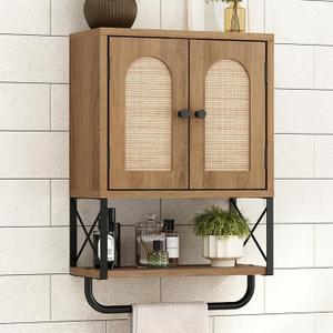RUSTOWN Rattan Bathroom Wall Cabinet, Boho Over The Toilet Storage Cabinet with Arched Rattan Doors, Modern Medicine Cabinet with Adjustable Shelves & Towel Bar, Bathroom Organizer(Rustic Oak, Small)