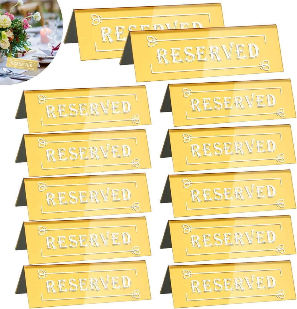 Clonivent 12 PCS Reserved Table Signs, Acrylic Gold Reserve Sign for Wedding, Waterproof Double-Sided Reserved Seating Signs for Restaurant Party & Private Events (Gold)