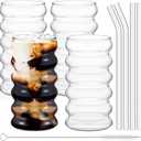 Tessco 4 Pcs Creative Glass Cups Vintage Drinking Glasses Ribbed Glassware Aesthetic Cups Entertainment Dinnerware Glassware with Straws Set for Kitchen Coffee Juice Beverage (Clear, 16 oz)