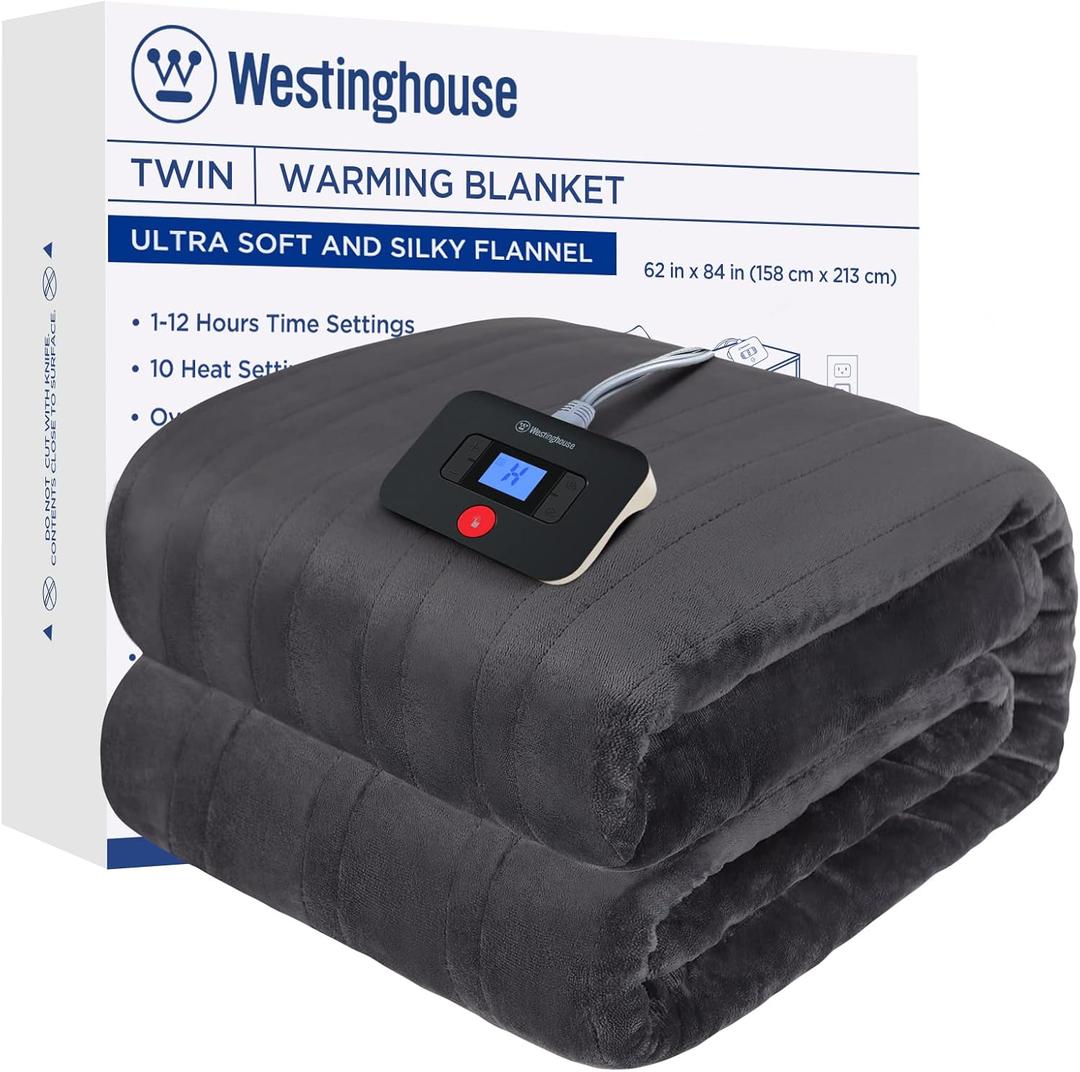 Westinghouse Electric Blanket Twin Size, Super Cozy Soft Flannel 62" x 84" Heated Blanket with 10 Fast Heating Levels & 1-12 Auto-Off, Machine Washable, ETL&FCC Certification, Charcoal