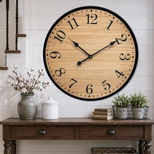 30 Inch Rustic Farmhouse Wall Clock, Large Silent Wooden Wall Clock with Natural Wood Grain Face & Black Metal Frame, Battery Operated Decorative Clock for Living Room, Kitchen, Bedroom