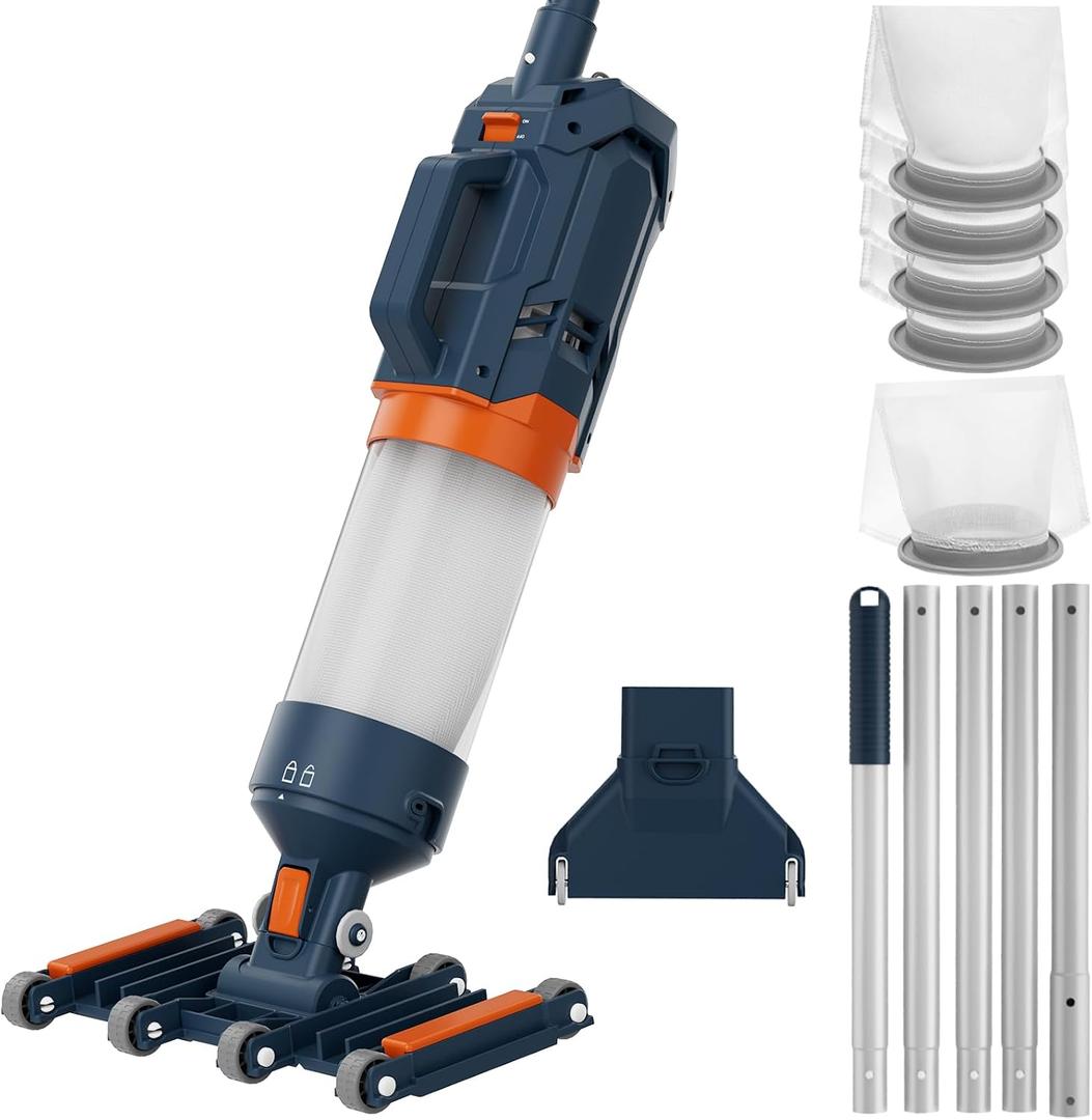 Heavy Duty Handheld Pool Vacuum - 18.9GPM Powerful Suction, 25m Ultra Fine Mesh Filter for Smaller Debris, 14'' Wide Vacuum Head, 60mins Running Time (Orange)