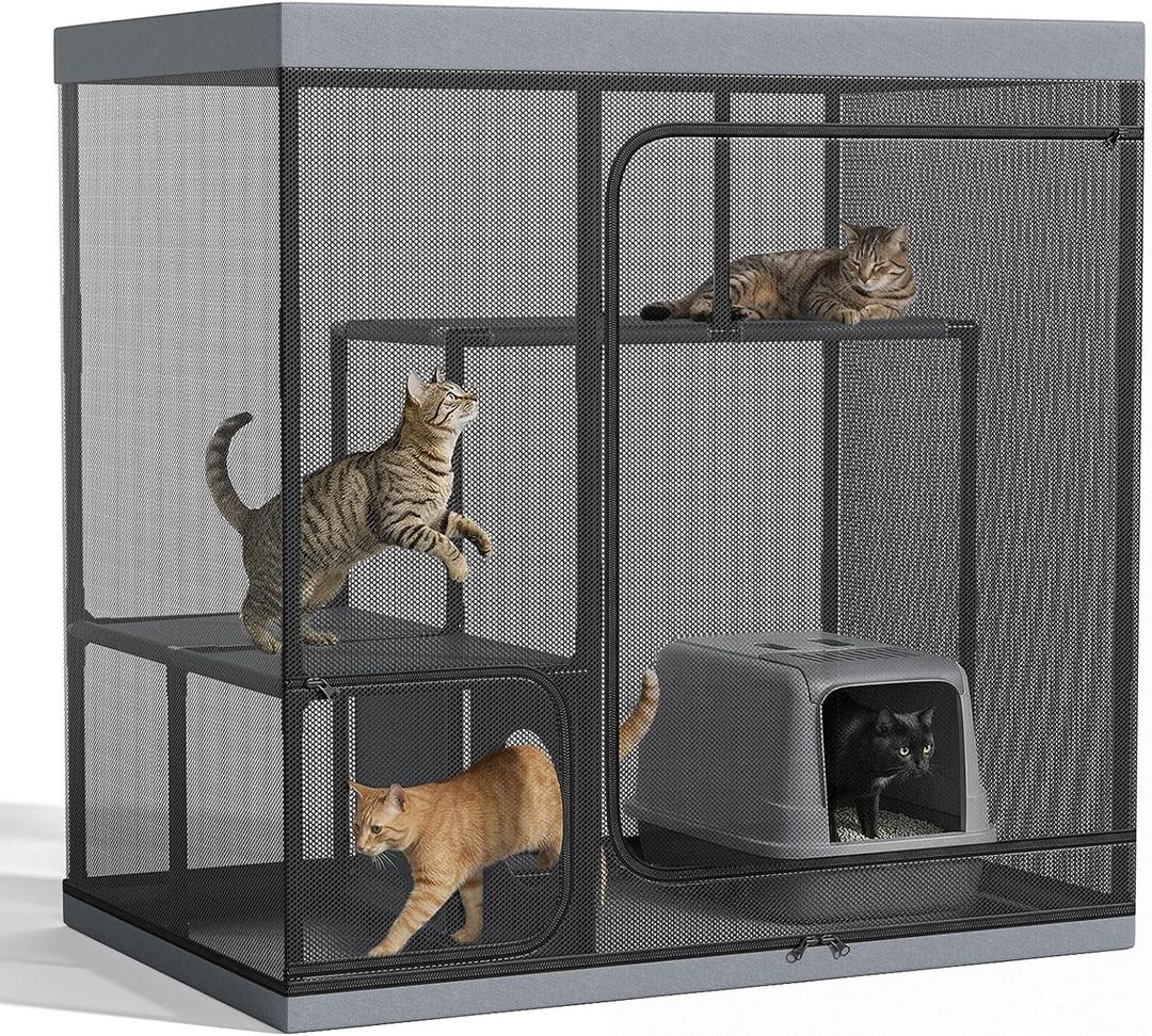 Outdoor Catio Cat Enclosure, Large Cat Cage with 3 Tiers Perches, Indoor Outdoor Cat Patio Cats Playpen for Multiple Cats, Black