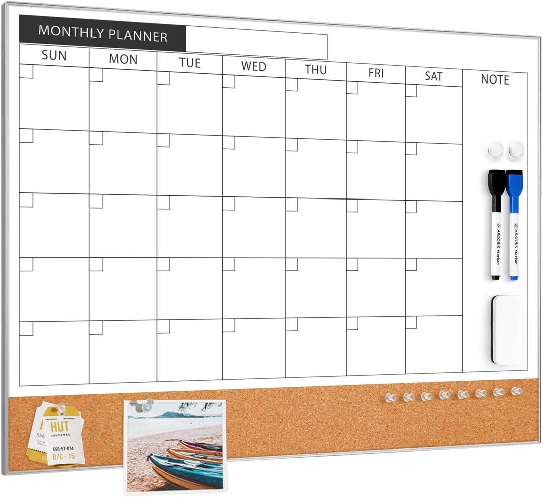 ARCOBIS Dry Erase Calendar with Cork Board for Wall, 24"x 18" Magnetic Calendar Whiteboard with Silver Frame, Monthly Combination Board for School, Home, Office