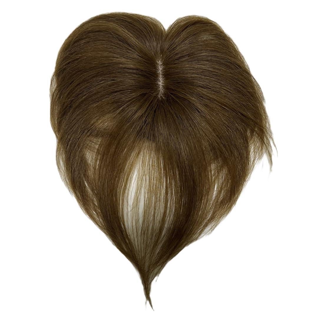 Anemone 6 inch Short Middle Part Straight Real Human Hair Topper Small Thin Clip-in Hair Bangs for Mild Hair Loss Suitable for Women and Men (Warm Brown)