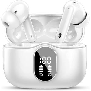 Wireless Earbuds Bluetooth 5.4 Headphones Bass Stereo Ear Buds with Noise Cancelling Mic LED Display in Ear Earphones IP7 Waterproof 36H Playtime for Laptop Pad Phones Sports Workout White 