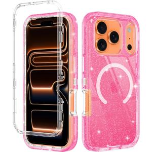I-HONVA for iPhone 17 Pro Max Case Clear [Non Yellowing] [Compatible with MagSafe] Shockproof 3-Layer Full Body Protection Rugged Heavy Duty Cover Case for Apple iPhone 17 Pro Max,Clear Pink Glitter