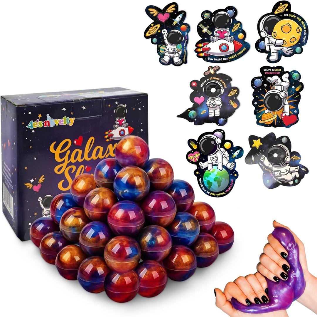 4E's Novelty Valentines Cards with Slimes for Kids (28 Pack) - Galaxy Slime Valentine, Astronaut Cards, Valentines Day Cards with Slimes Classroom Exchange, Slime Valentine Card Party Favors