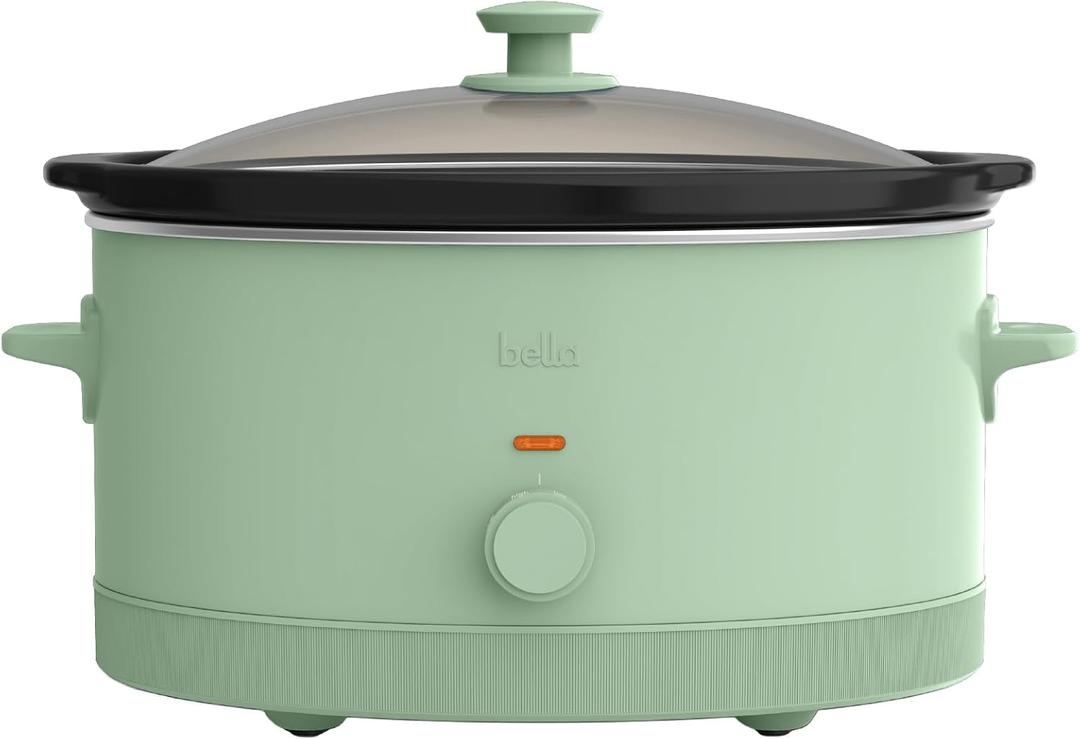 bella 6.0 Qt Manual Slow Cooker, Ceramic Nonstick Coating, 3 Temperature Settings, Dishwasher Safe Stoneware Pot and Tempered Glass Lid, Cool Touch Handles & Tangle Free Cord Wrap, Seaglass, 6 Quarts
