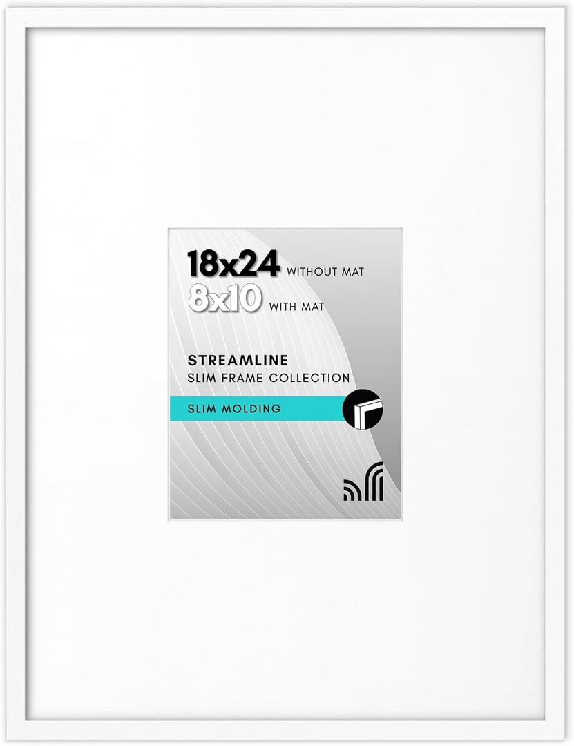 Americanflat 18x24 Poster Frame with Polished Plexiglass - Use as 8x10 Frame with Mat or Display 18x24 Photo Without Mat - Streamline Collection - Thin Border Picture Frames for Wall - White