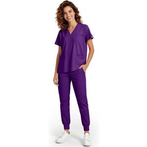 Meidiero Scrubs for Women Set - Stretch V-Neck Scrub Top & Jogger Pants with 8 Pockets, Soft Breathable Medical Nurse Uniform - Eggplant XL