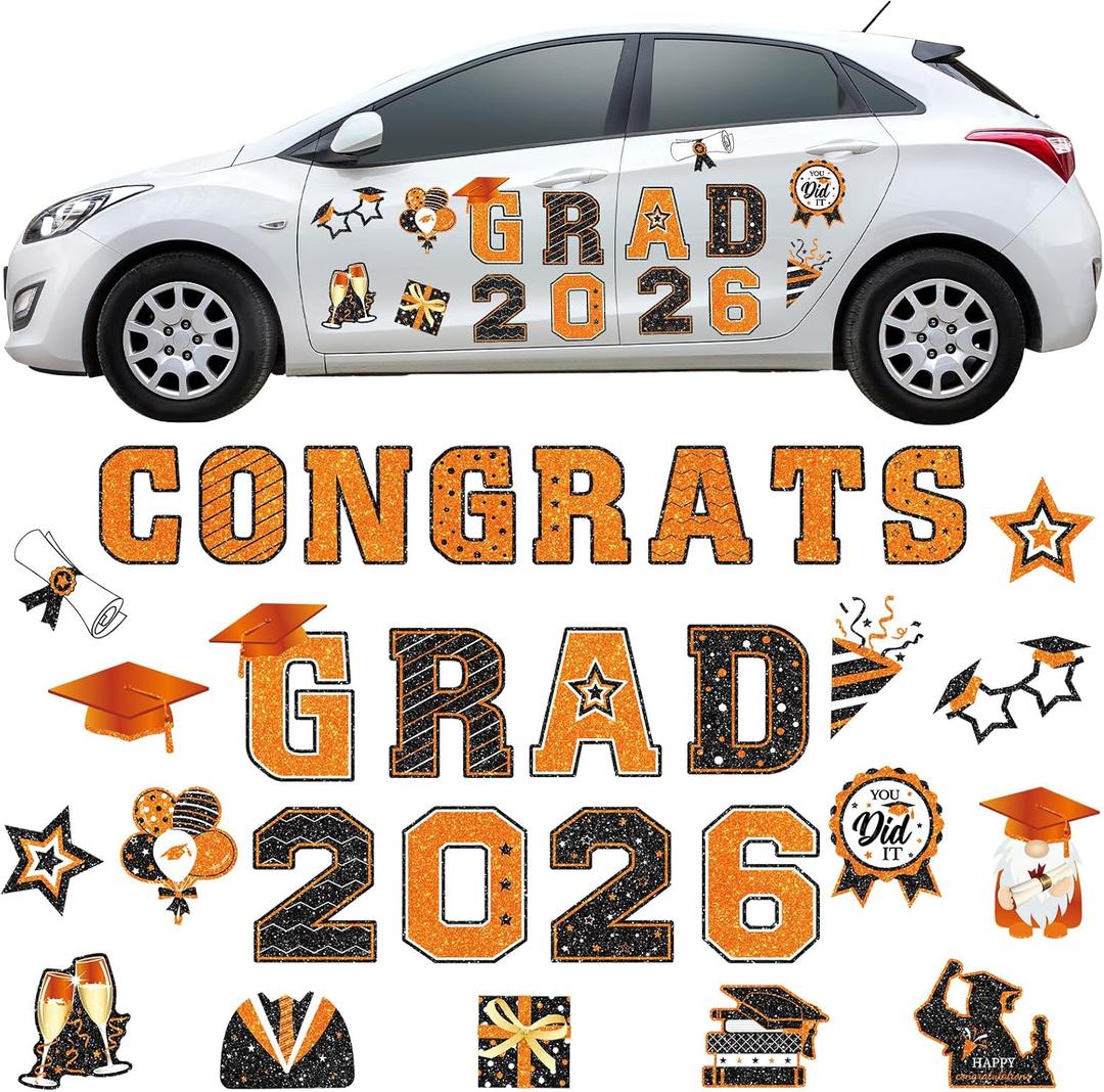 Landhoow 30 Pcs Graduation Car Magnets 2026 Senior Graduation Car Decoration Bumper Sticker Congrats Grad Magnet Magnetic Refrigerator Decal for Grad Parade Party Supplies(Orange, Black)