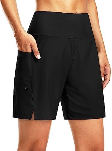 Women's 7" Long Swim Board Shorts High Waisted Quick Dry Beach Swimming Shorts for Women with Liner Pockets, Medium