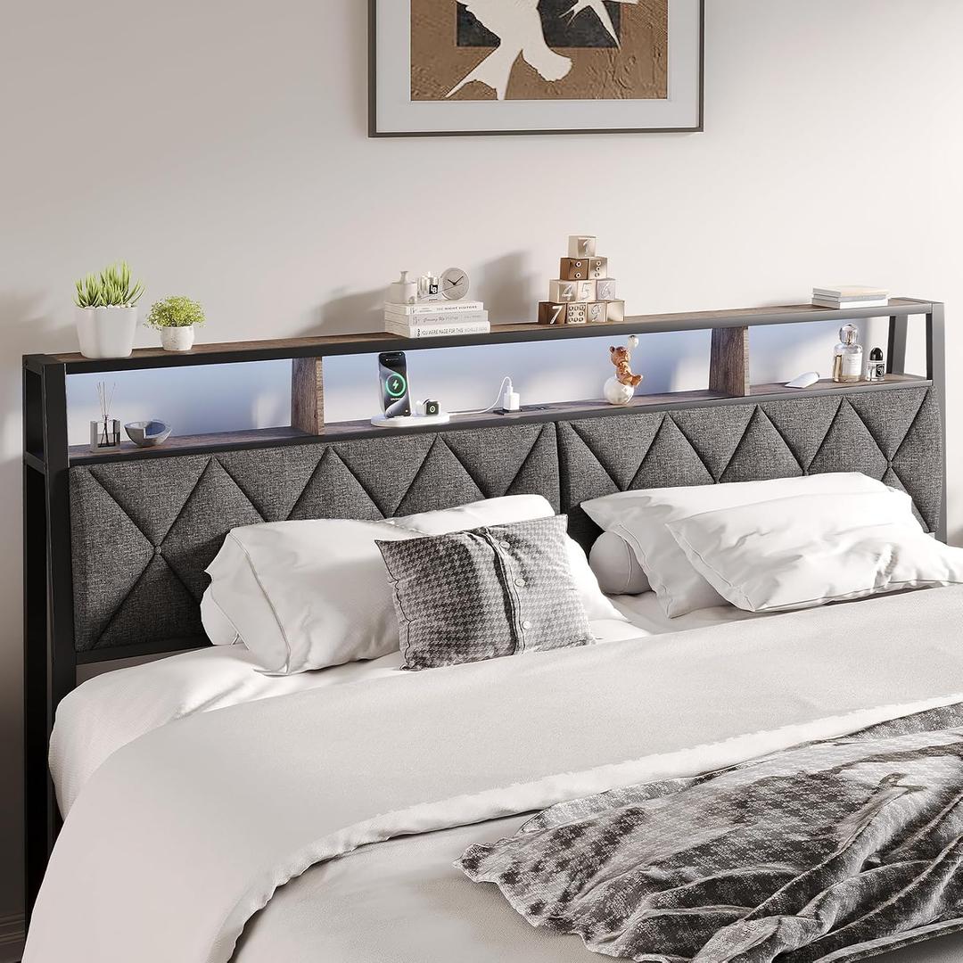 Queen Headboard Only, Headboard for Queen Size Bed with Storage, Upholstered Headboards with LED Lights & Charging Station, Attach Frame, Ideal for Bedroom/Dorm/Guest Room, Dark Grey & Brown