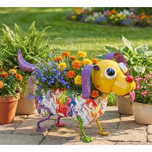Colorful Metal Dog Planter with Wobbly Head and Colorful Body, Paint Marble Pattern, Outdoor Garden Decor, Indoor Animal Home Decoration Staue, Yard Art Ornament, Flower Pot