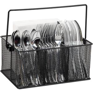 Mind Reader Multi-purpose Storage Caddy with Handle, Desktop Organizer, Cutlery Holder, 4 Compartments, Metal Mesh, Black