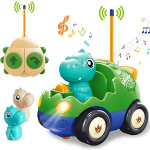 Pup Go Dinosaur Remote Control Car for Toddler 1 2 3 Years Old, My First RC Car with Music & Lights, 2 Interchangeable Dolls, Baby Dinosaur Toys, Ideal Gifts for Kids Boys Girls (Forest Green)