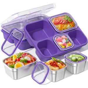 BiuLeon Snackle Box Containers, Stainless Steel 5 Compartments Divided Serving Tray with Lid, Removable LeakProof Portable Bento Box for Fruit Candy Nuts Food - School, Picnic and TravelPurple