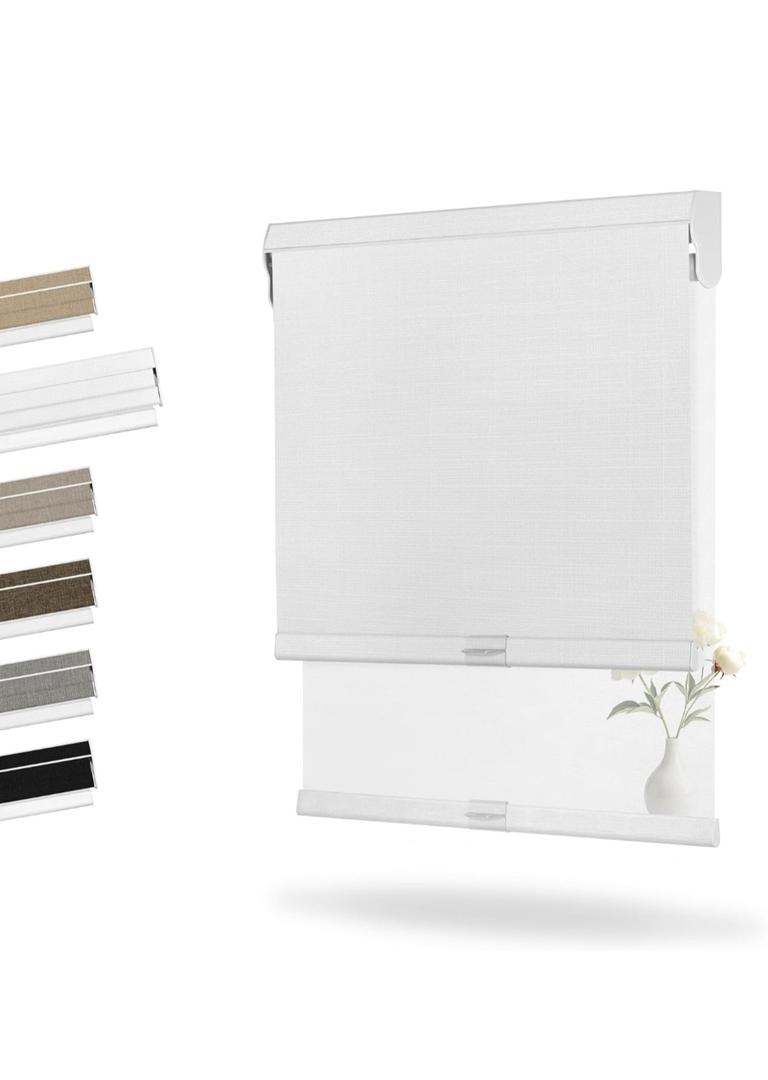 Boolegon Dual Roller Shades, Cordless Double Window Shades Blackout and Light Filtering Shades with Valance, Day and Night Roller Blinds for Home Office Door, Linen White & White