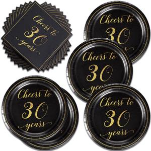 30th Birthday Party Supplies for Women and Men - 40pcs Plates Napkins 30th party tableware Set Black and Gold Party Decorations (J), regular