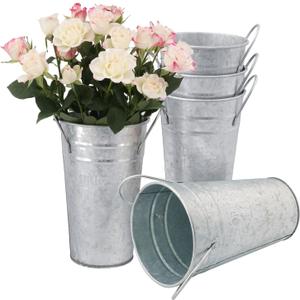 5 Packs 7.87 Inch Tall, Galvanized Metal Vases with Handles, Rustic Tall Flower Buckets for Cut Flowers, Country Wedding, Table Centerpiece Decorations, Vintage Style Flower Containers