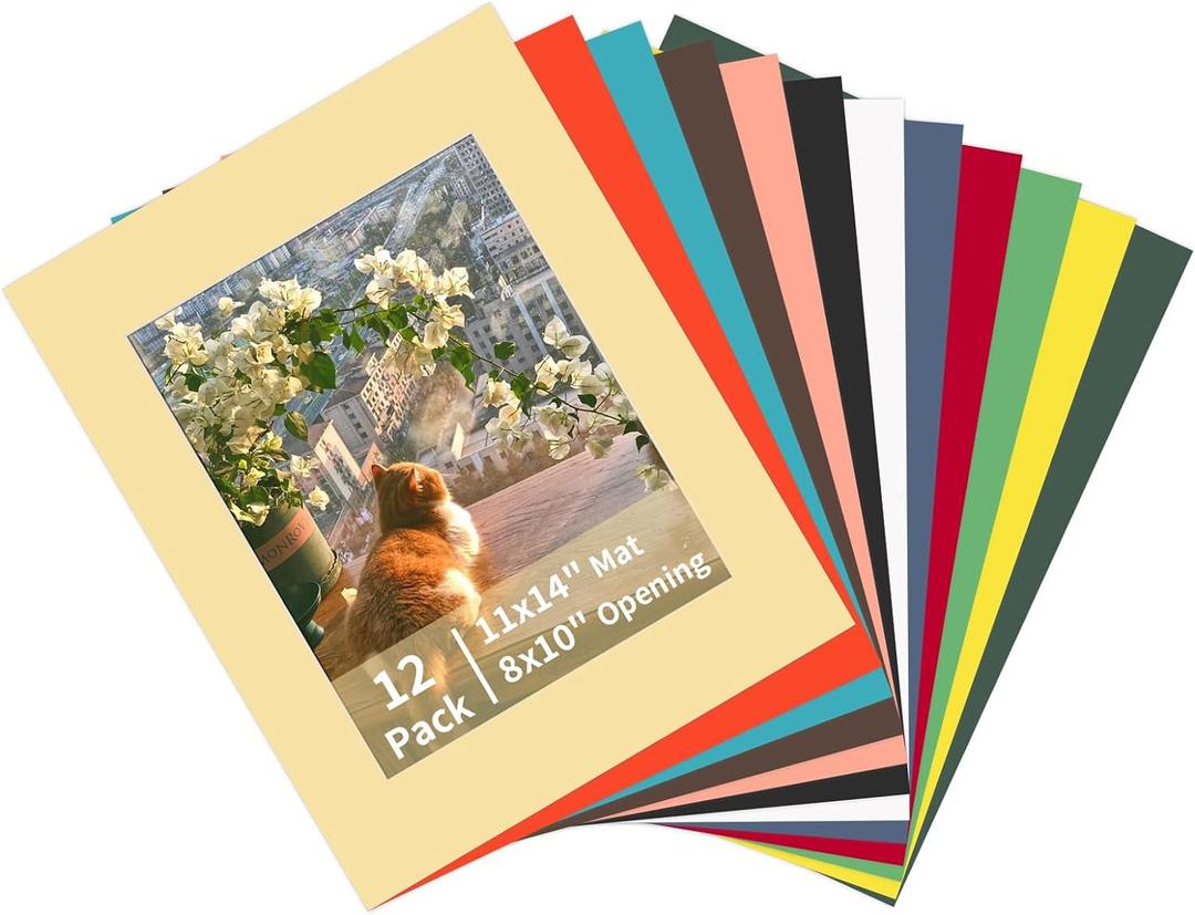 ZBEIVAN 12 Packs Mixed Colors 11x14 Picture Frame Mats for 8x10 Photos, Artworks and Prints, White Core Bevel Cut Frame Mattes
