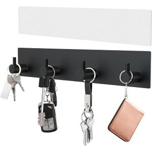VIS'V Key Holder Wall Mount, Large Metal Self Adhesive Key Hanger with 4 Hooks, No Drilling, Extra Adhesive Strip, Black