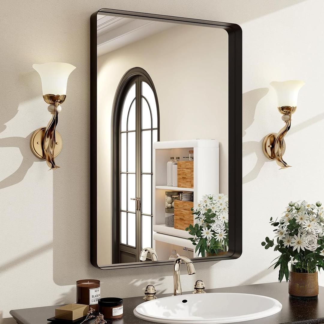 30"x22" Black Bathroom Mirror - Modern Mirror for Wall with Rounded CornersBathroom Mirrors for Vanity, Aluminum Alloy Framed Mirror Portrait or Landscape Hang, Rectangle Mirrors for Bedroom