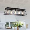 Farmhouse Chandeliers for Dining Room, Rustic Kitchen Island Light Fixture, 5-Light Linear Pendant Lighting Rectangular Chandelier, Metal Solid Ceiling Lights Black