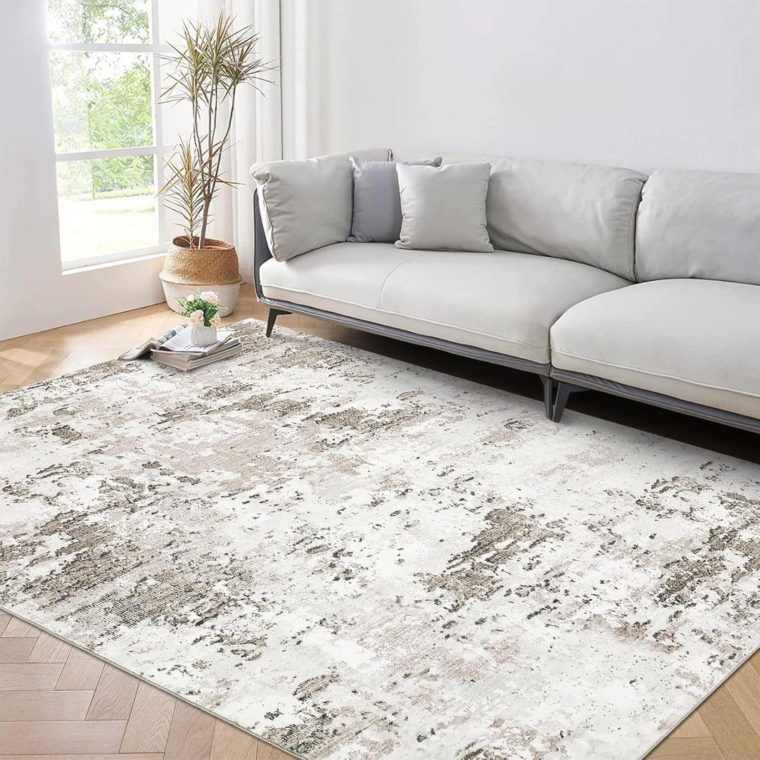 4x6 Modern Abstract Area Rug, Taupe/Beige, Polyester, Machine Washable, Non Slip, Low Pile, Indoor, Area Rug