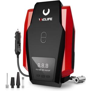 VacLife Tire Inflator Portable Air Compressor - Air Pump for Car Tires, 12V DC 100PSI Tire Pump for Bikes with LED Light, Digital Pressure Gauge, Car Accessories, Red VL701