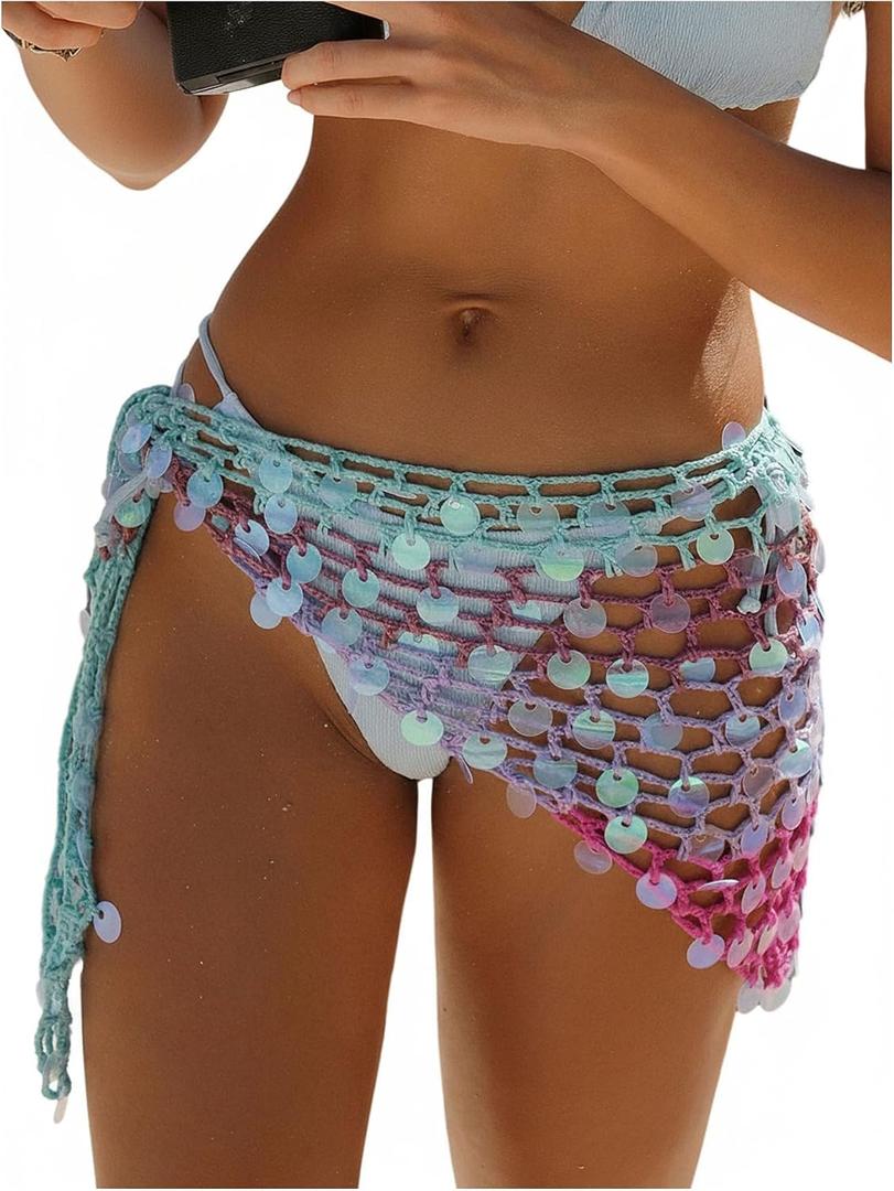 OYOANGLE Women's Sequins Crochet Bohemian Bikini Cover Up Hollow Out Ombre Wrap Sparkly Beach Skirt