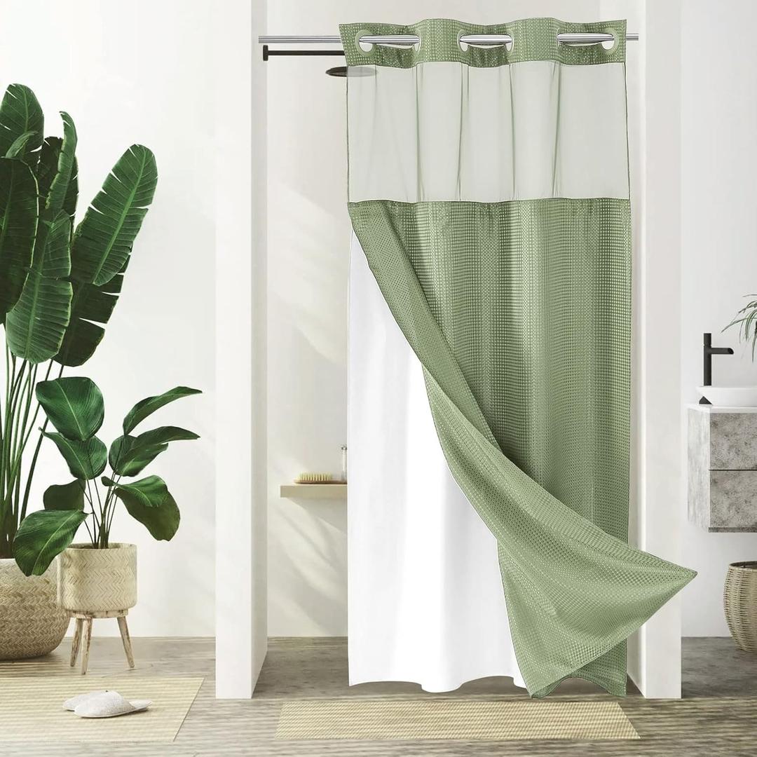 Gibelle Stall Small Shower Curtain 36x74, Waffle Weave Shower Curtain with Snap-in Fabric Liner Set, No Hooks Needed, Hotel Style with Mesh Top Window, Sage Green
