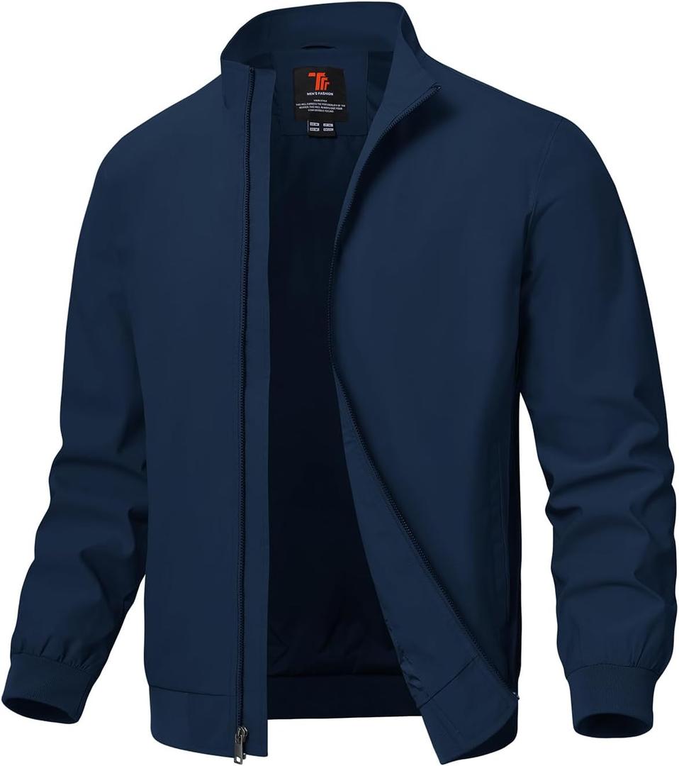 TBMPOY Men's Light Jackets Waterproof Bomber Work Jacket Causal Windbreaker Full Zip Golf Dress Outwear Coats (Large, Blue-02 Style)