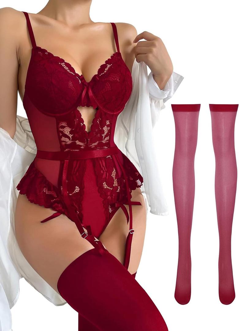 Lilosy Sexy Stocking Lace Mesh Bodysuit Top Underwire Garter Lingerie Set 3 Piece (Burgundy Red) XL