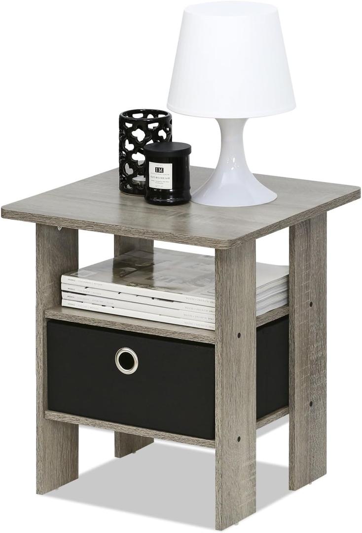 Furinno ANDREY Side Table, End Table, Night Stand with Open Shelves and Storage Bin, Bedside Table, for Living Room, Bedroom, French Oak (1-Pack, Center Bin)