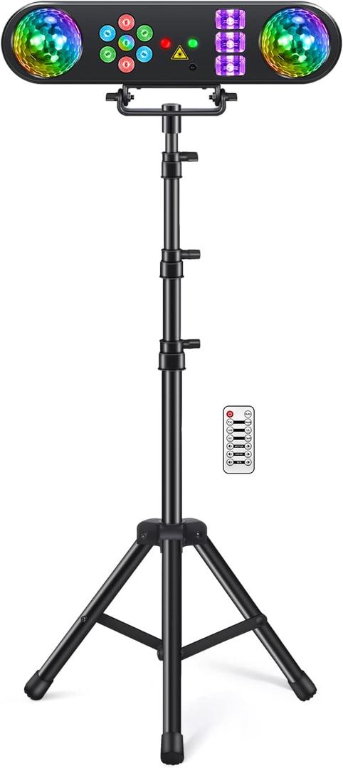 DJ Lights with Stand, 5 in 1 Party Bar Light Set with Rotating Ball, Strobe, UV, Colorful LED Par Light and Pattern, Sound Activated DJ Lighting System for Disco Stage Gig Band Wedding