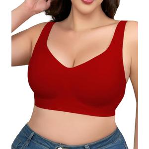 SHAPERX Bras for Women No Underwire Seamless Oversized Everyday Bra Comfort Wireless Padded Soft Support Bralette (Large, Red)