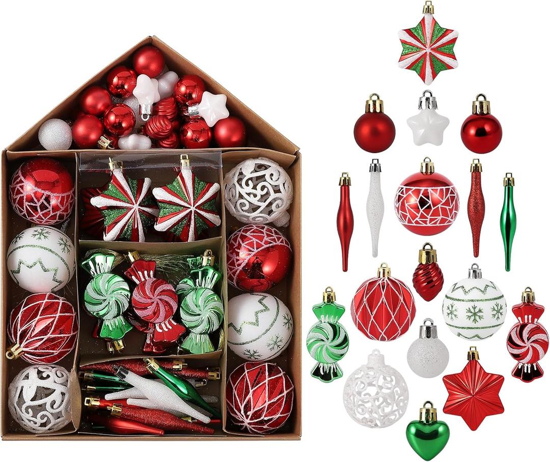 Adeeing 73ct Christmas Ball Ornaments Set, Red Green White Assorted Shatterproof Xmas Ornaments, Decorative Hanging Ornaments Christmas Tree Decorations for Holiday Party Decor Wreath Garland DIY (Red Green White)